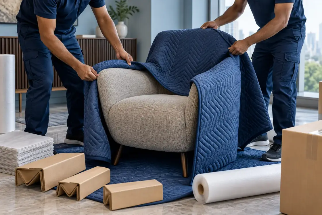 Movers covering an armchair with protective blankets for furniture packing