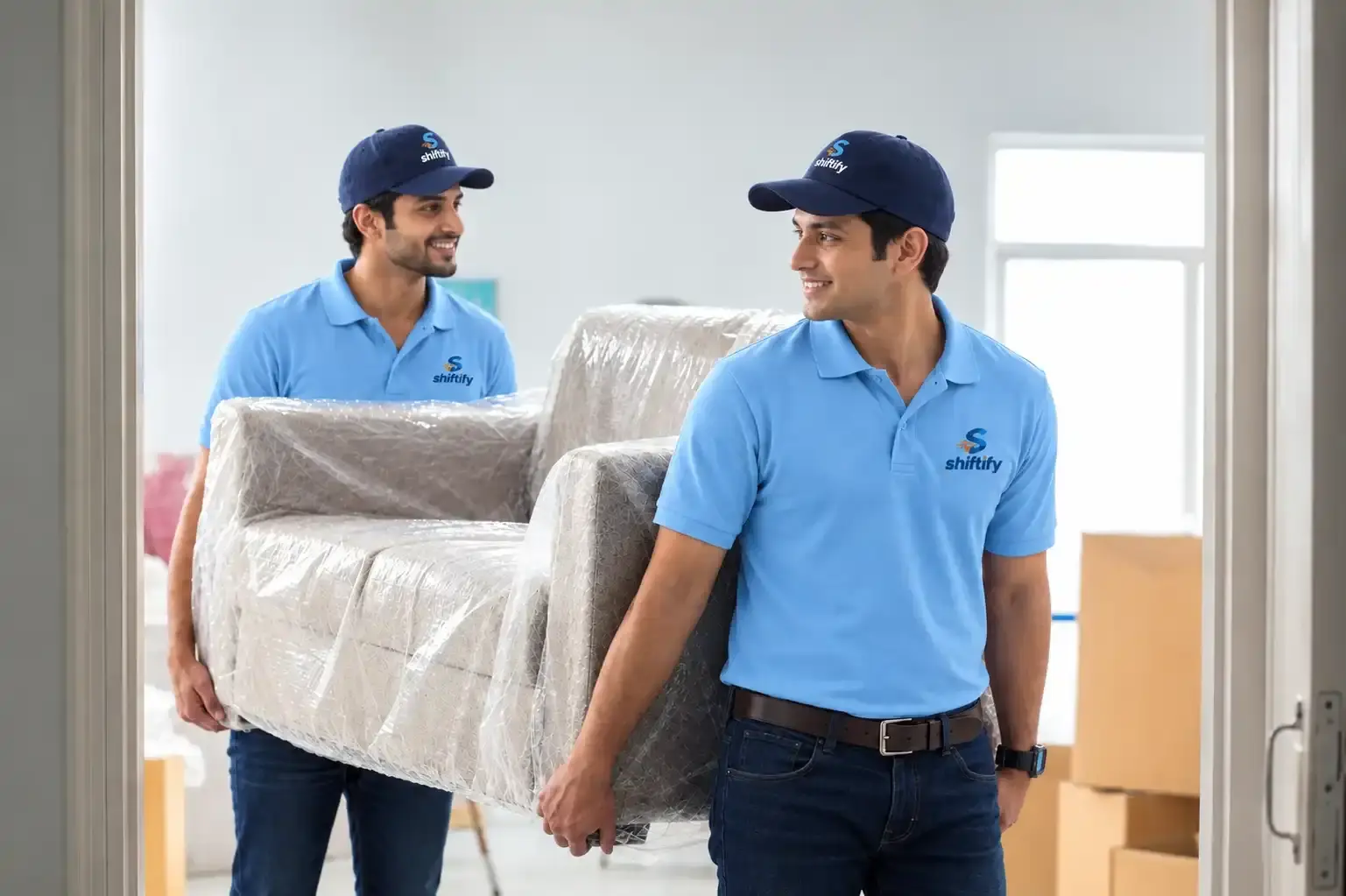Shiftify movers carrying a wrapped armchair during house shifting