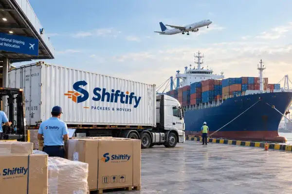 International relocation illustration with Shiftify cartons, a shipping container, cargo ship and aircraft