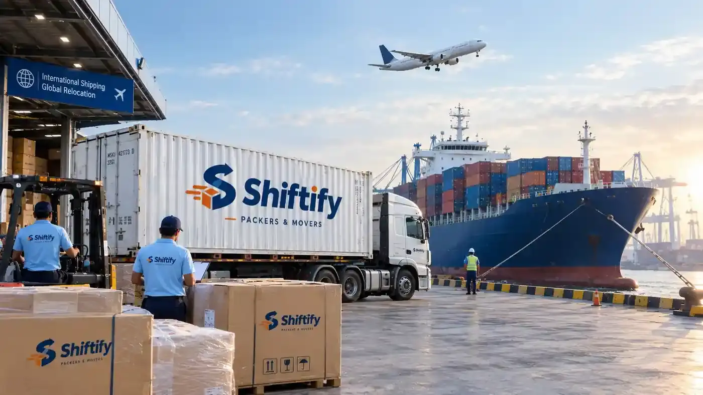 International relocation illustration with Shiftify cartons, a shipping container, cargo ship and aircraft