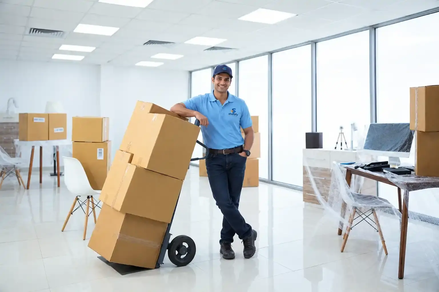 Shiftify office mover with a carton trolley beside protected desks and monitors