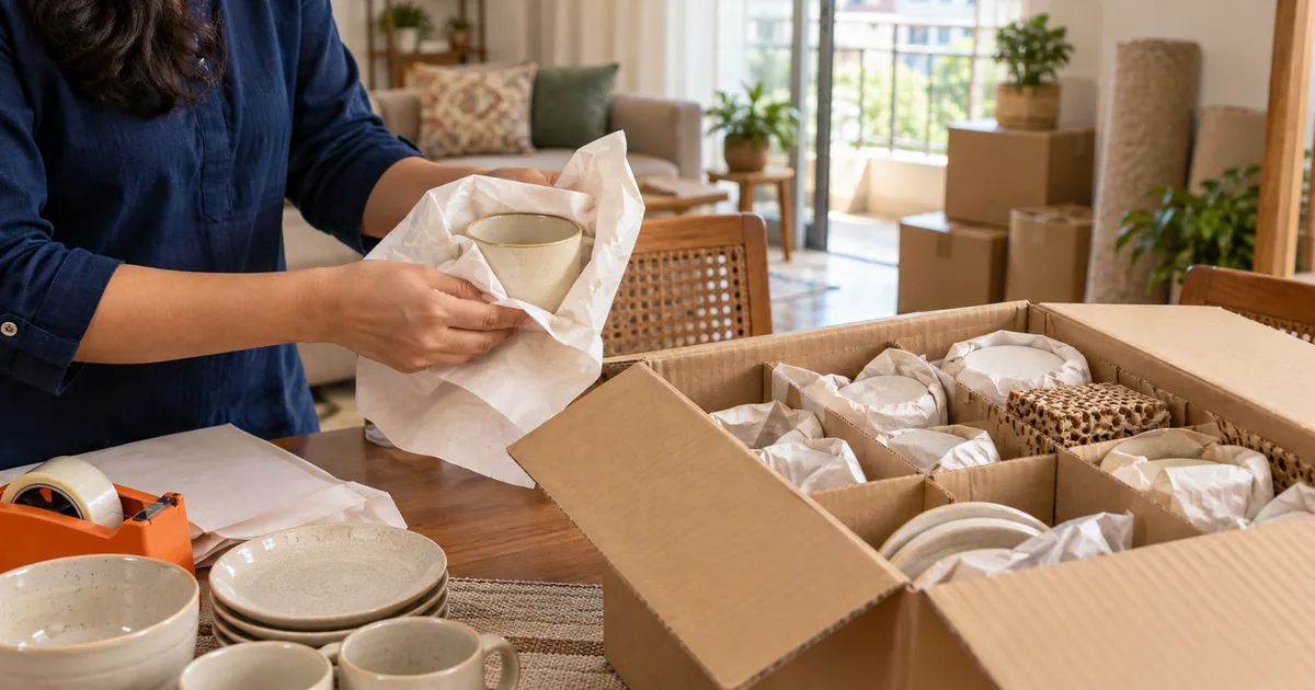 A homeowner packing crockery with paper and carton dividers for a house move