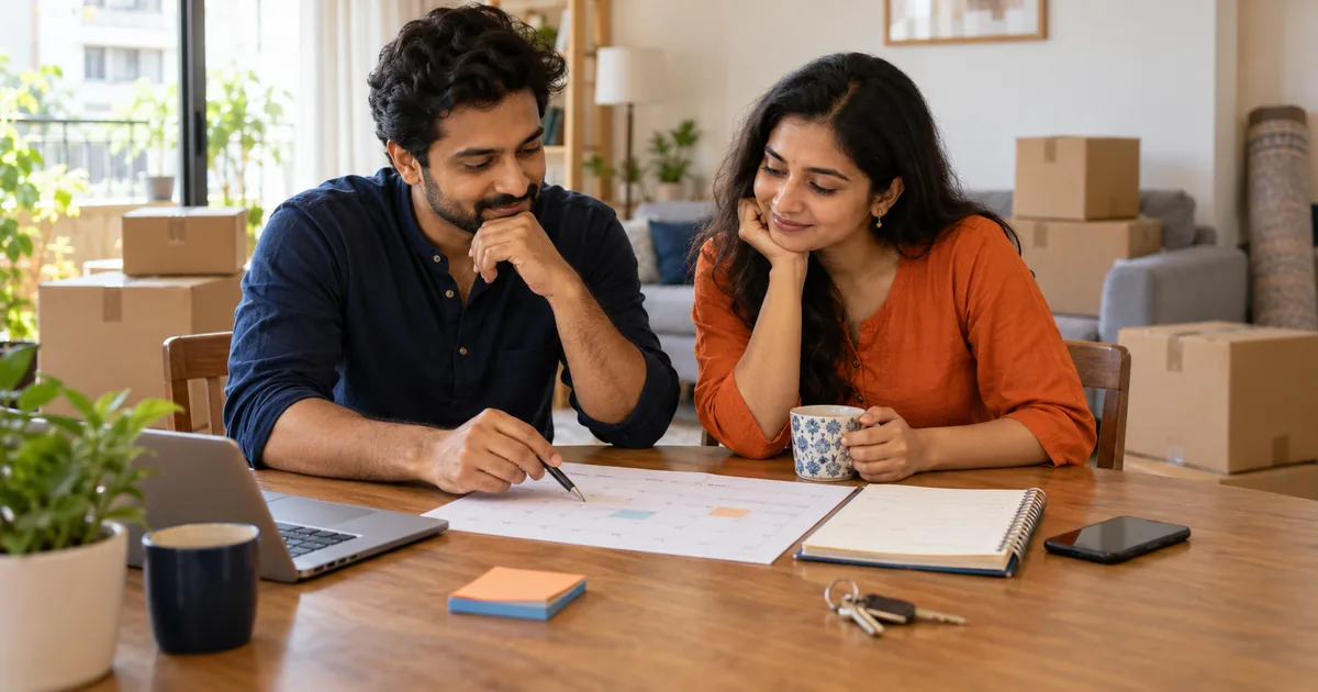 A couple planning house shifting with a calendar, notebook and packed cartons