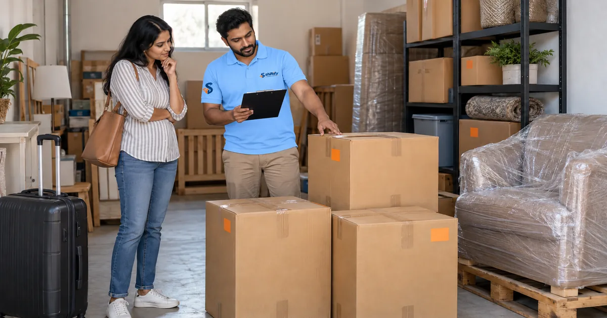 Shiftify employee and customer checking household cartons in temporary storage before a move