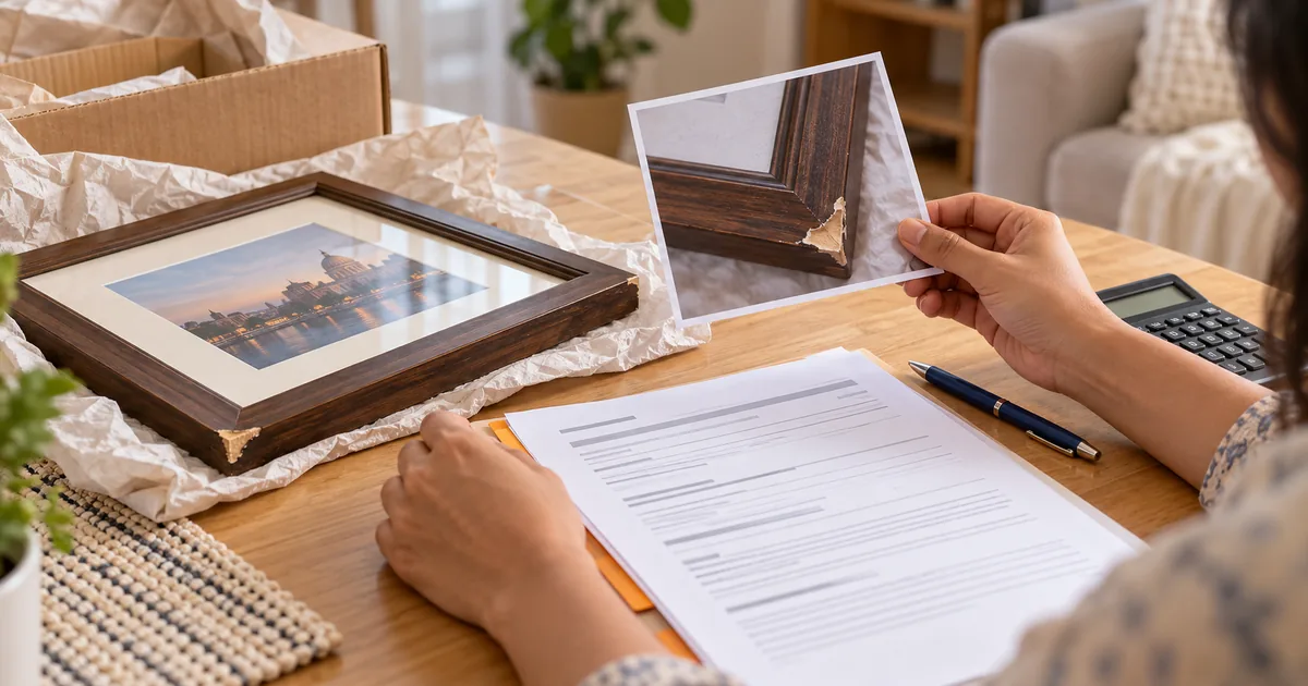 Customer reviewing a moving-damage claim with a chipped picture frame, condition photos and paperwork