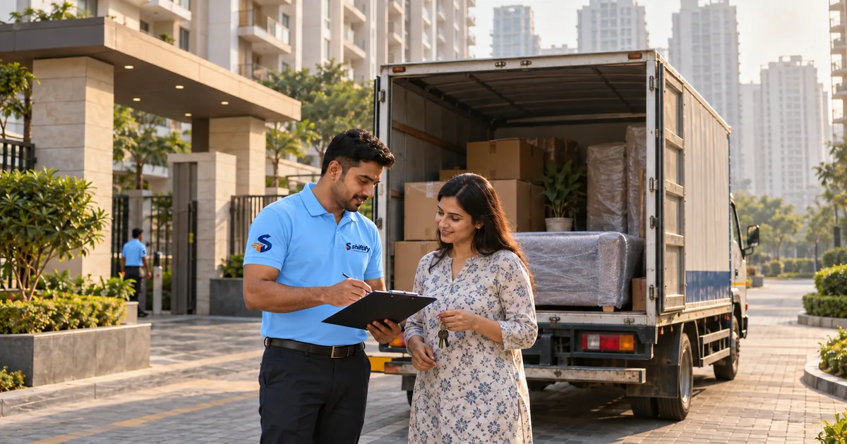 Shiftify mover reviewing a house-moving checklist with a resident beside an apartment moving truck